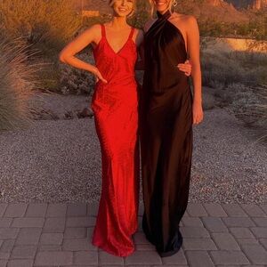 NASTYGAL RED PLUNGE ANIMAL SATIN JACQUARD MAXI DRESS US 2